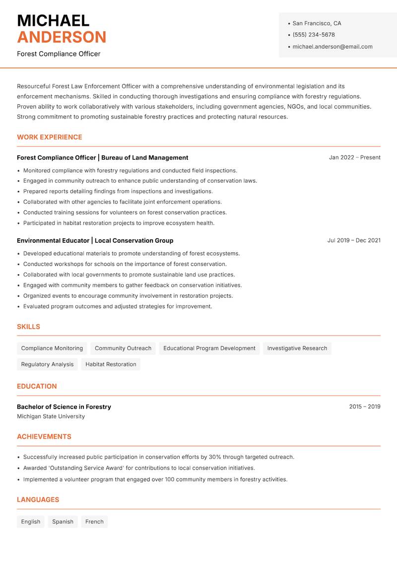 Forest Law Enforcement Officer resume sample — Forest Compliance Officer focus