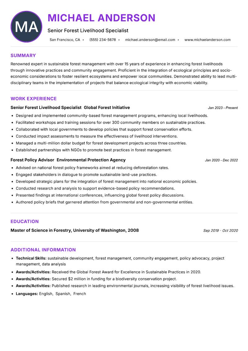 Forest Livelihood Specialist resume example