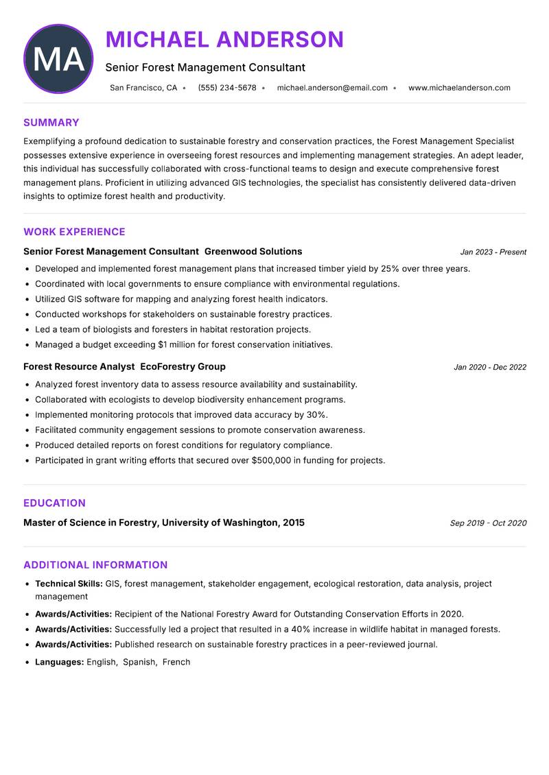 Forest Management Specialist resume example