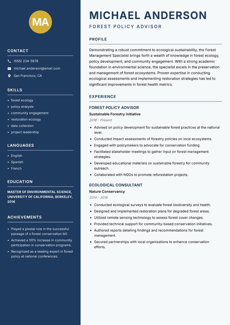 Forest Management Specialist resume sample — Forest Policy Advisor focus
