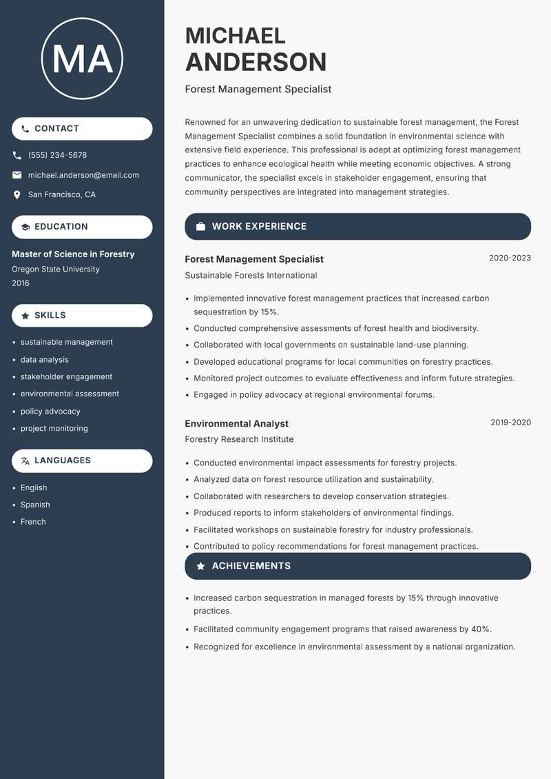 Forest Management Specialist resume sample — Forest Management Specialist focus