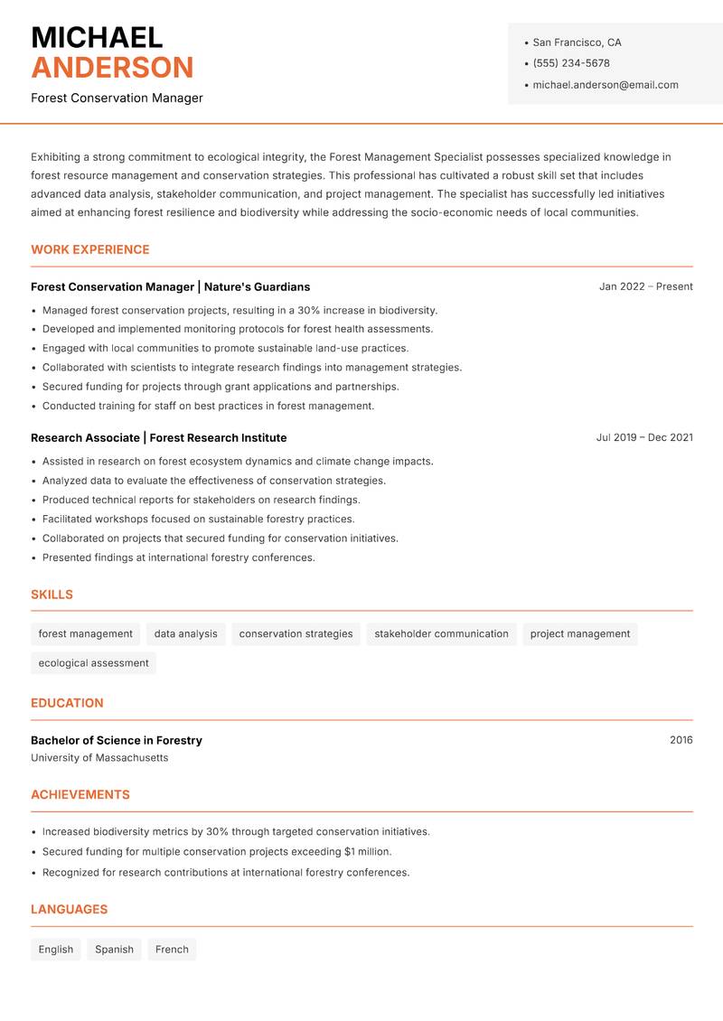 Forest Management Specialist resume sample — Forest Conservation Manager focus
