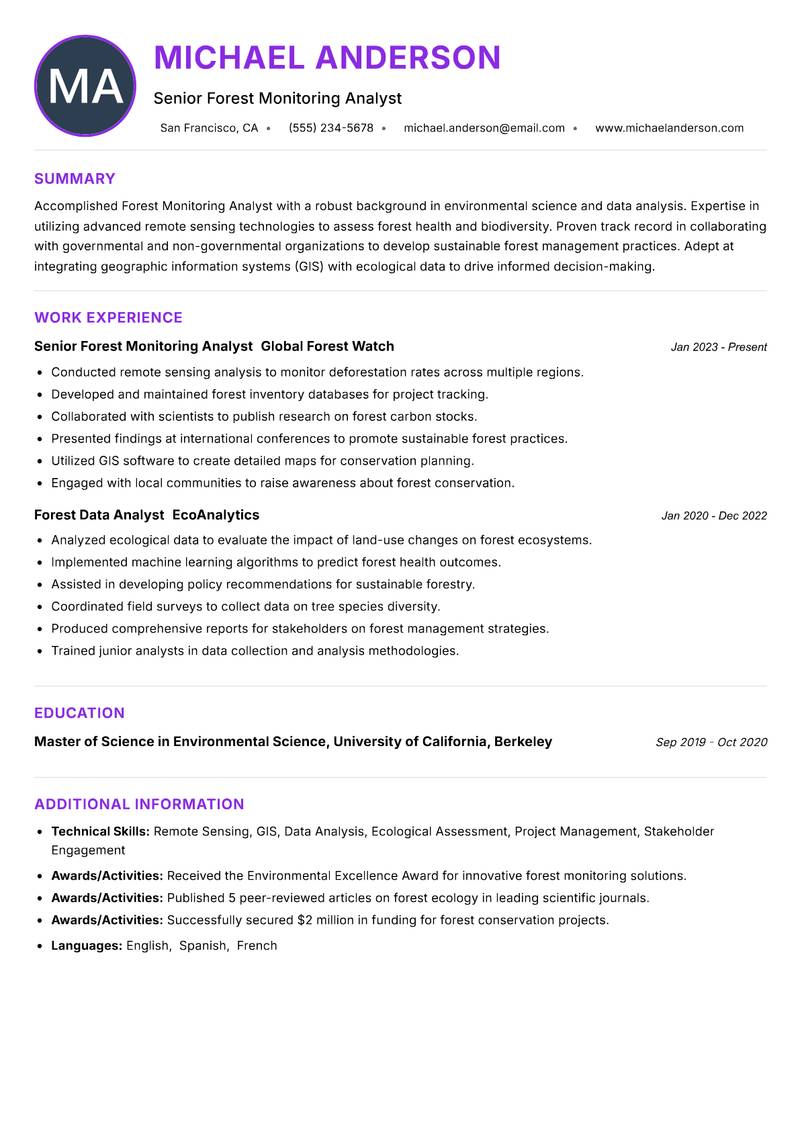 Forest Monitoring Analyst resume example