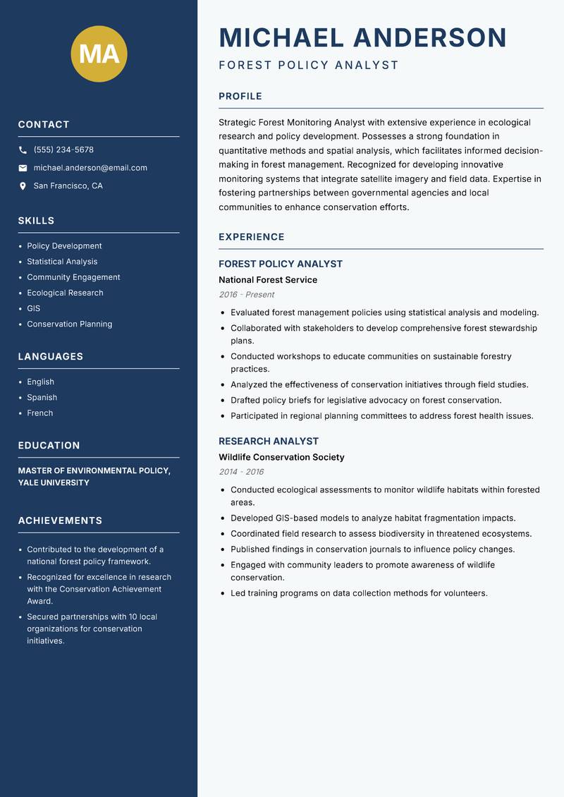 Forest Monitoring Analyst resume sample — Forest Policy Analyst focus