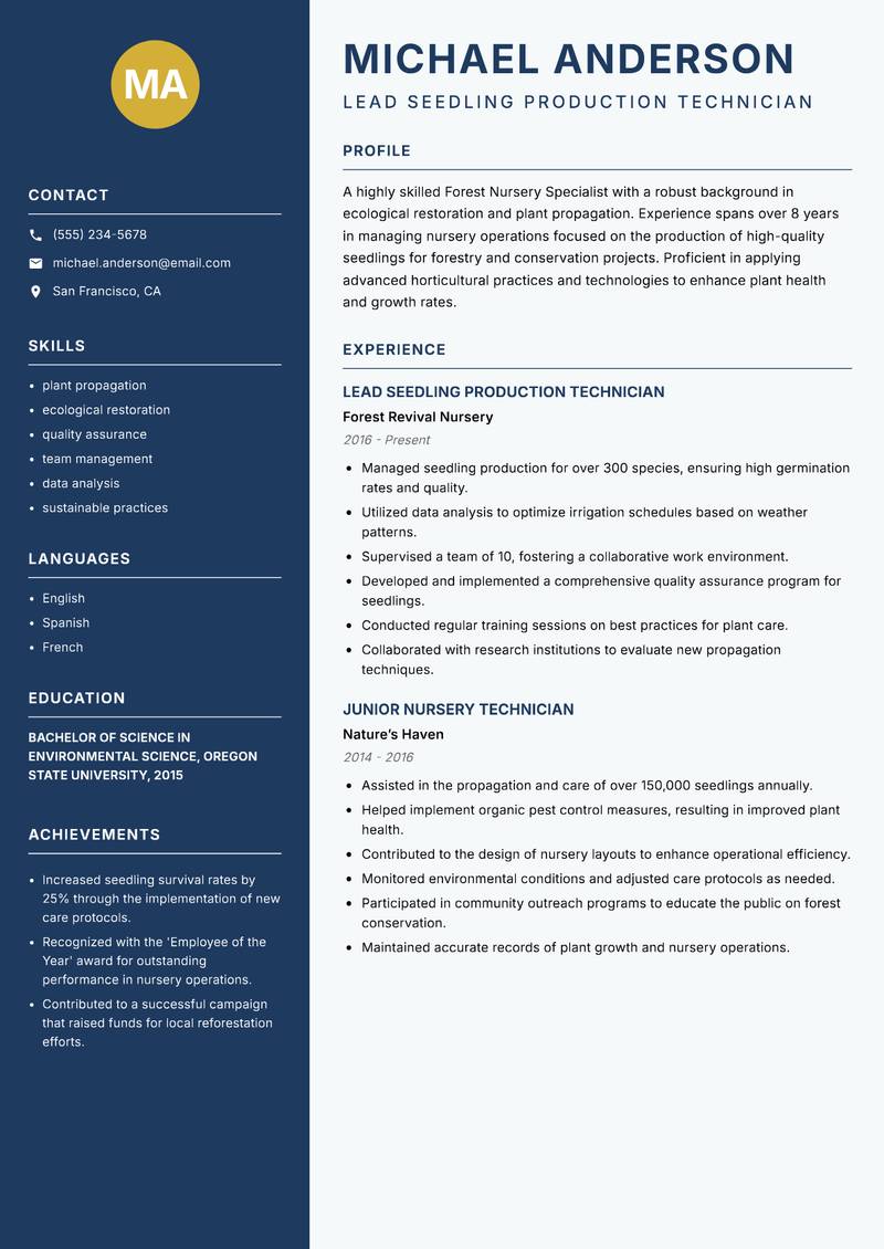 Forest Nursery Specialist resume sample — Lead Seedling Production Technician focus