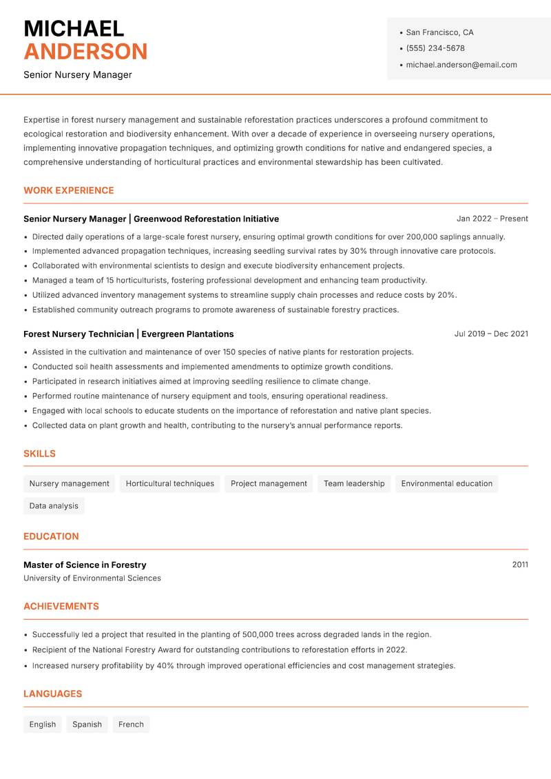 Forest Nursery Specialist resume sample — Senior Nursery Manager focus