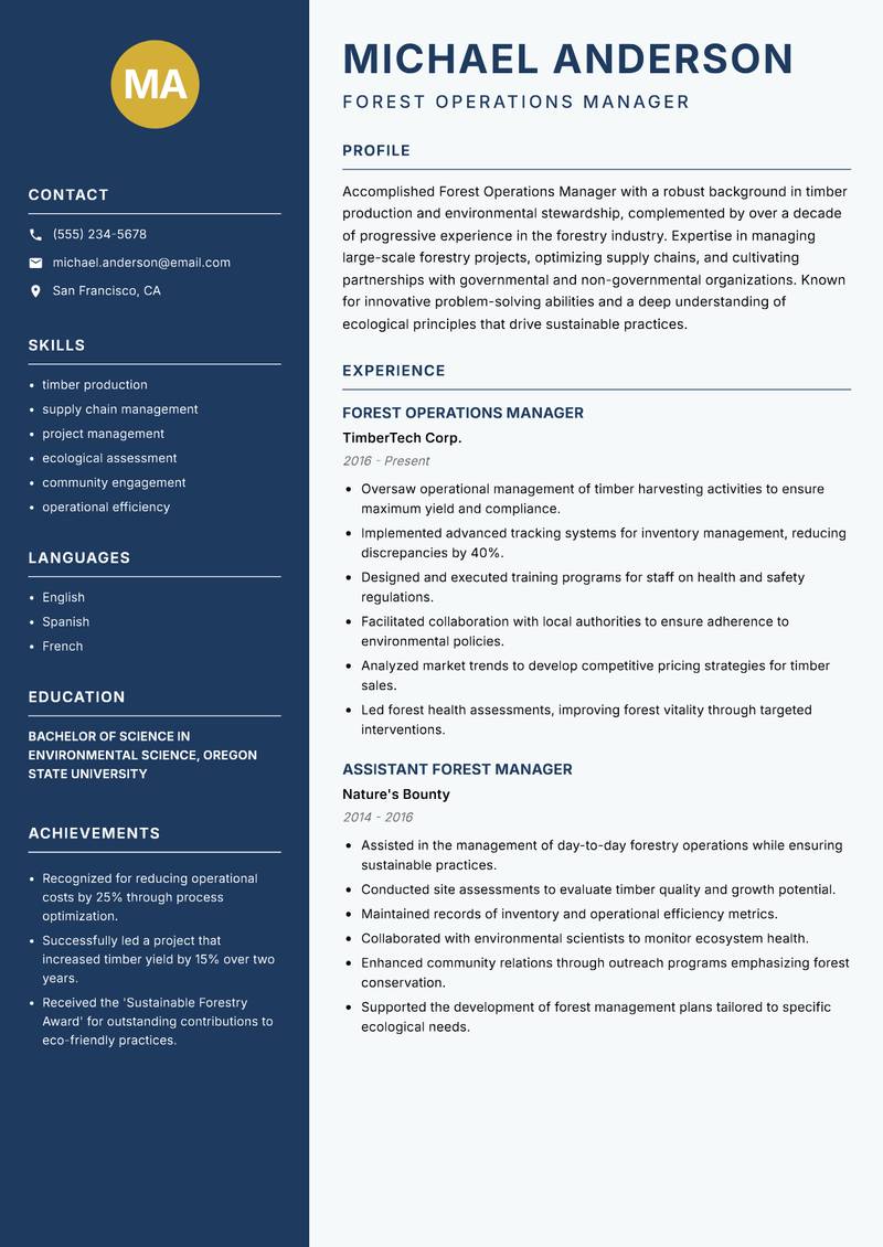 Forest Operations Manager resume sample — Forest Operations Manager focus