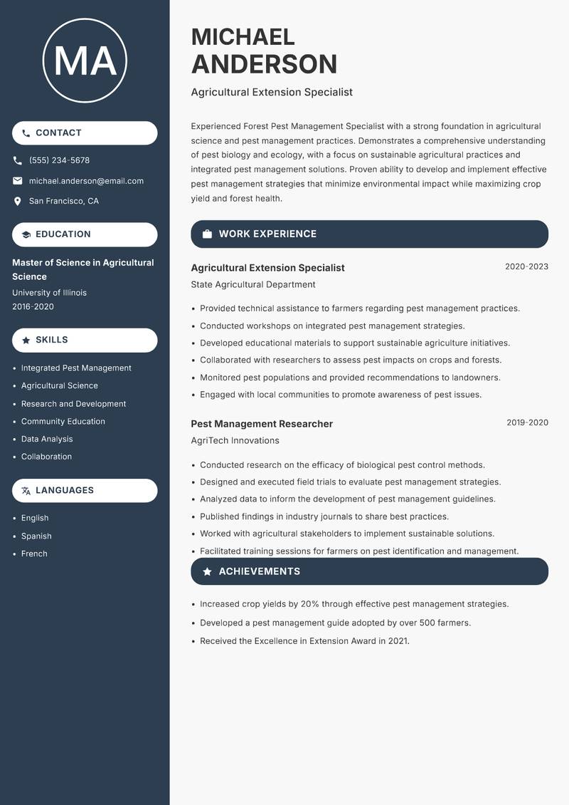 Forest Pest Management Specialist resume sample — Agricultural Extension Specialist focus