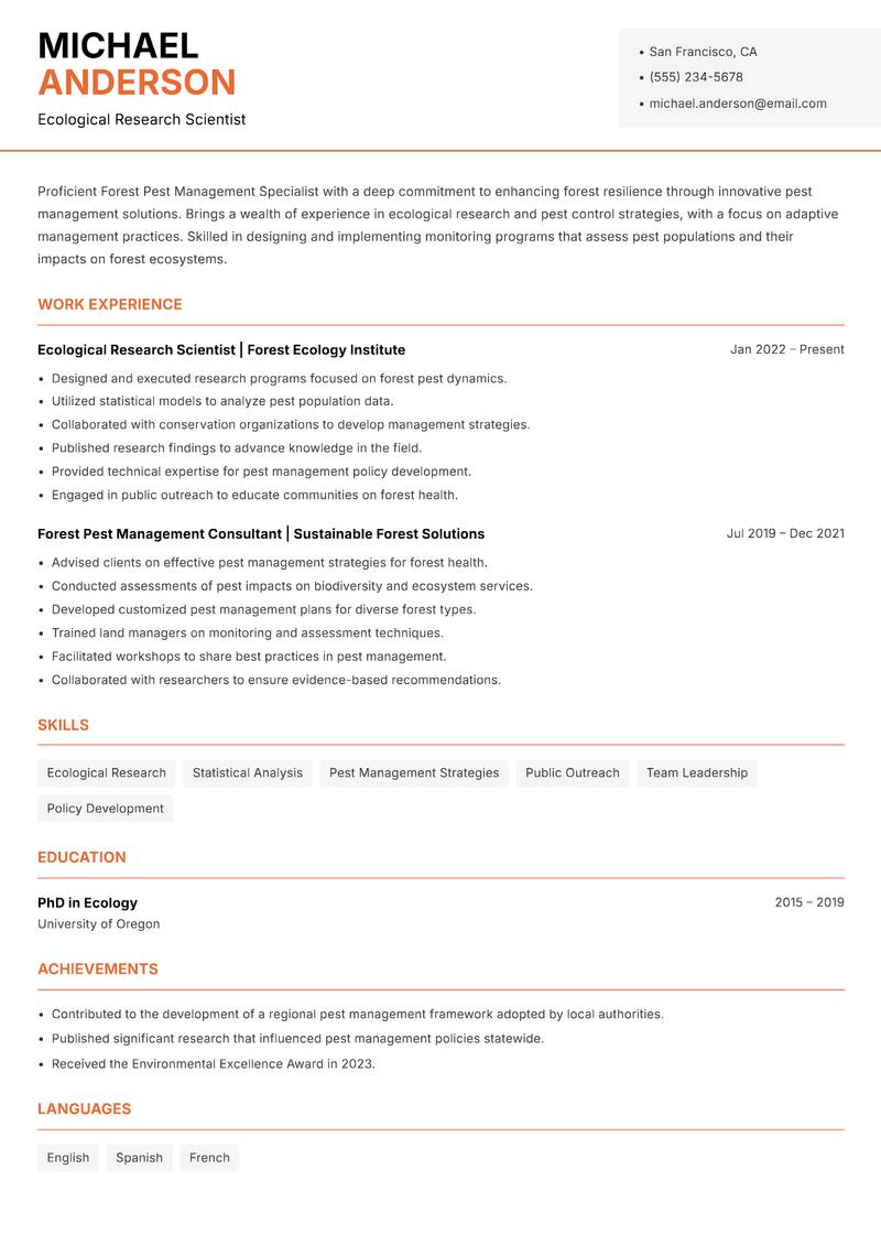 Forest Pest Management Specialist resume sample — Ecological Research Scientist focus
