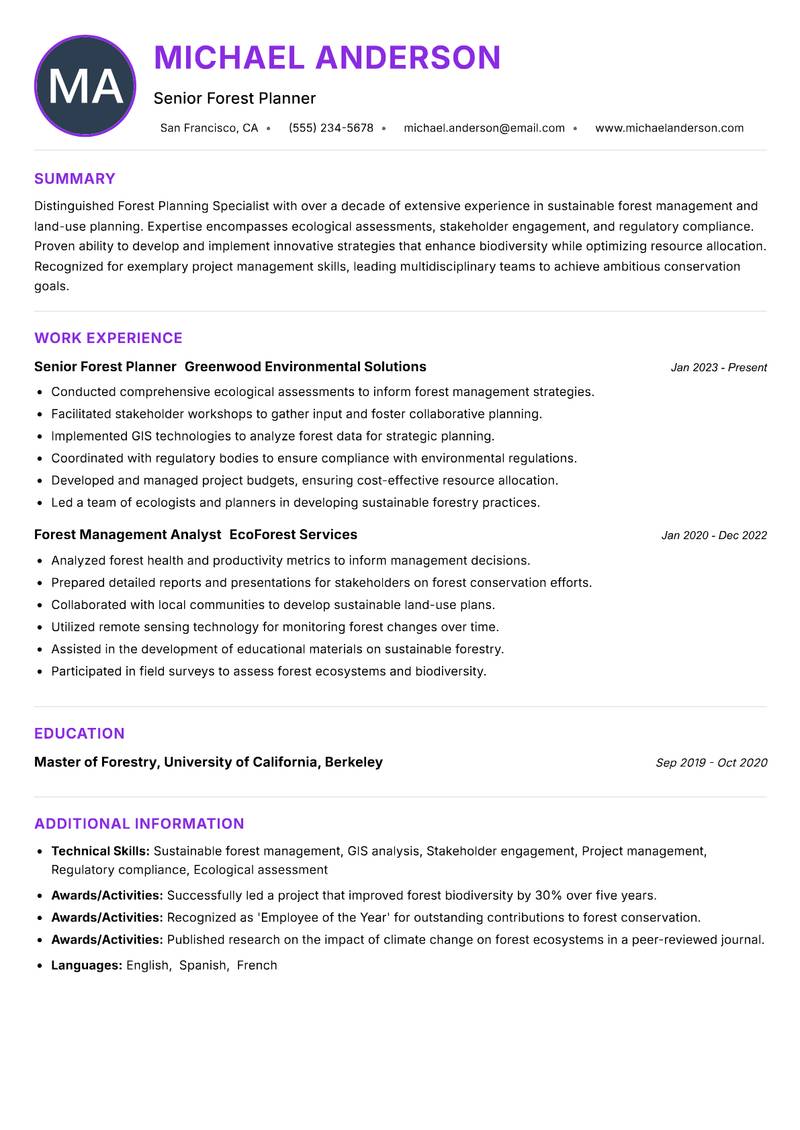 Forest Planning Specialist resume example