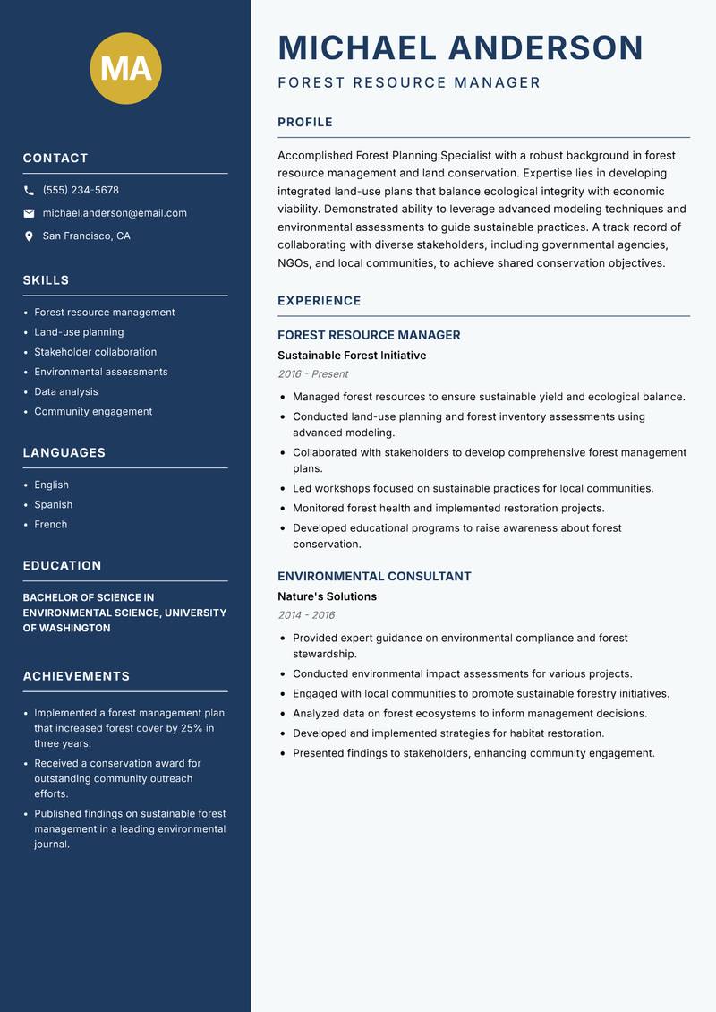 Forest Planning Specialist resume sample — Forest Resource Manager focus