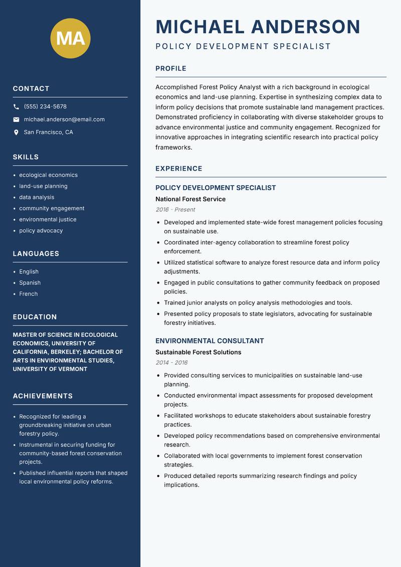 Forest Policy Analyst resume sample — Policy Development Specialist focus