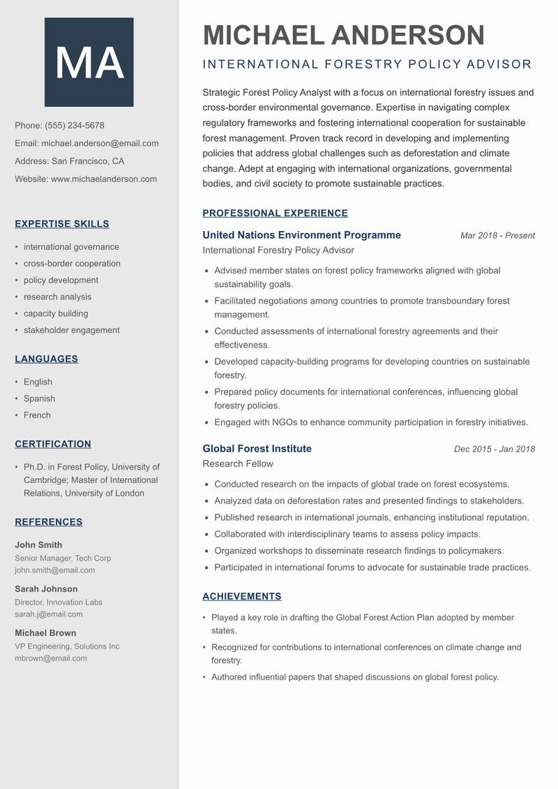 Forest Policy Analyst resume sample — International Forestry Policy Advisor focus