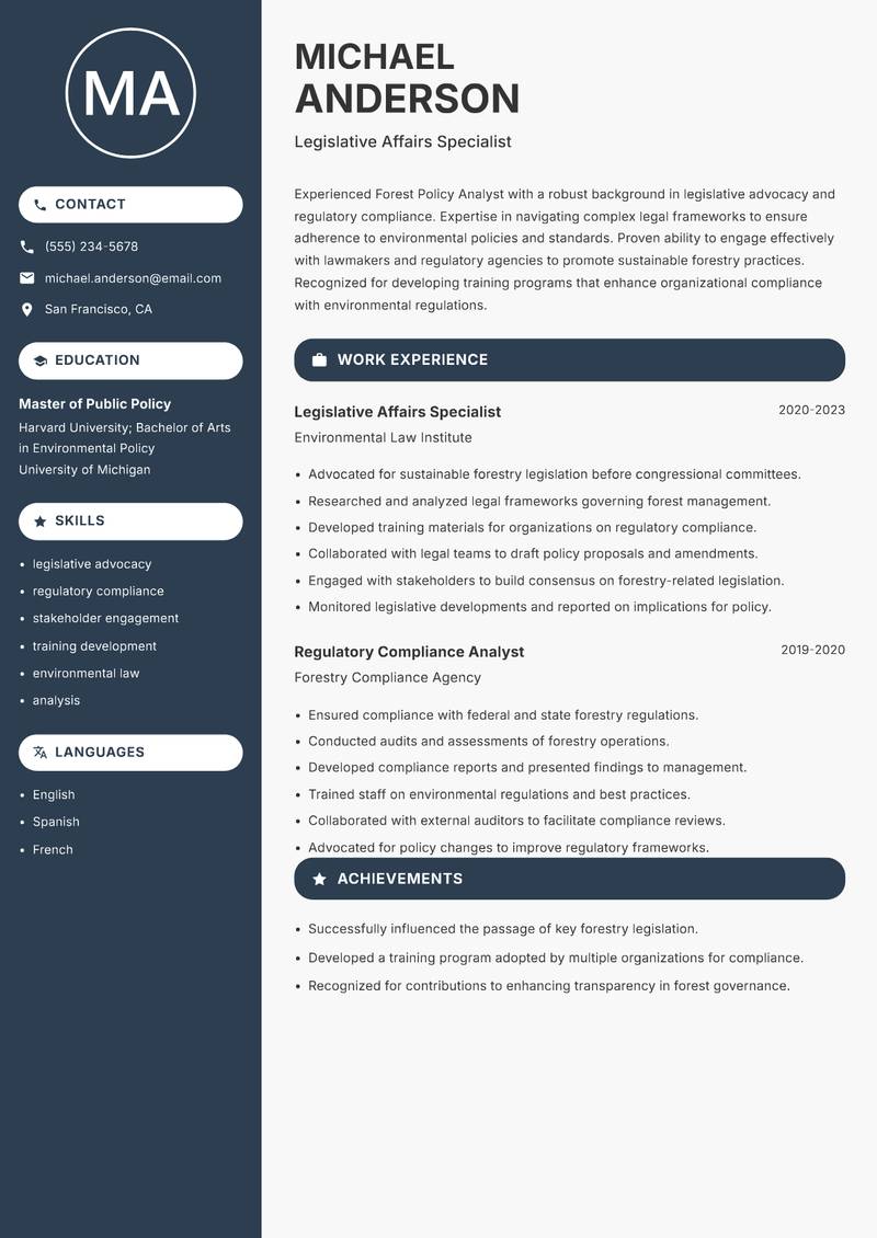 Forest Policy Analyst resume sample — Legislative Affairs Specialist focus