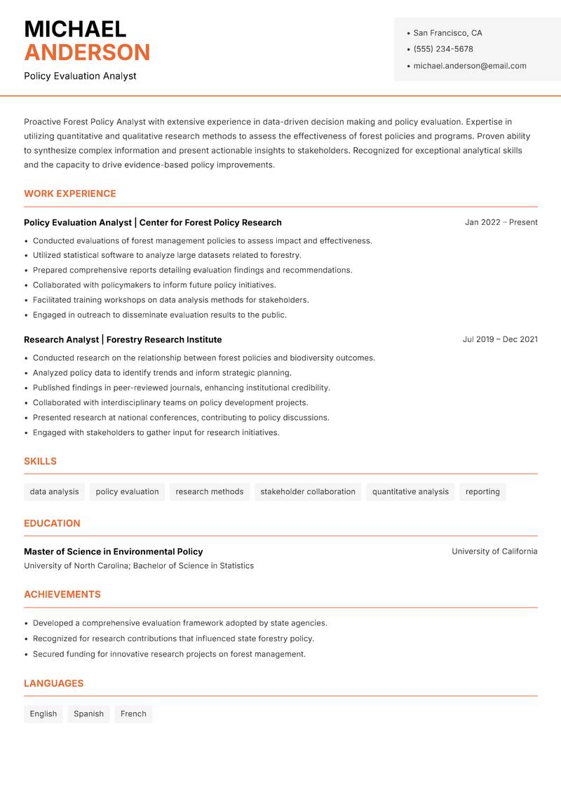 Forest Policy Analyst resume sample — Policy Evaluation Analyst focus