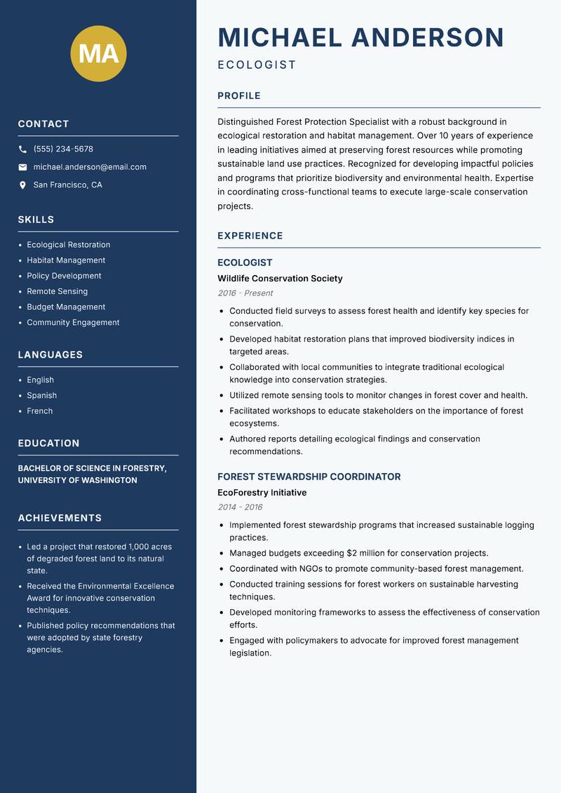 Forest Protection Specialist resume sample — Ecologist focus