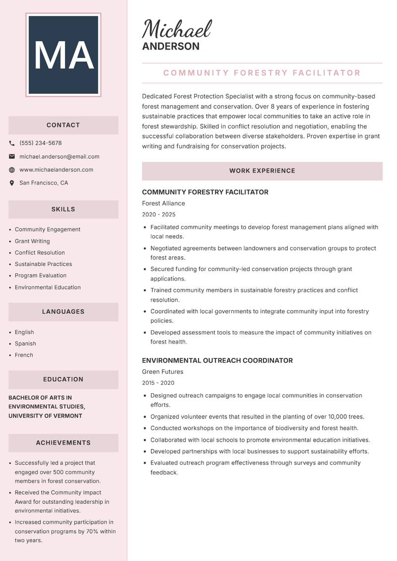 Forest Protection Specialist resume sample — Community Forestry Facilitator focus