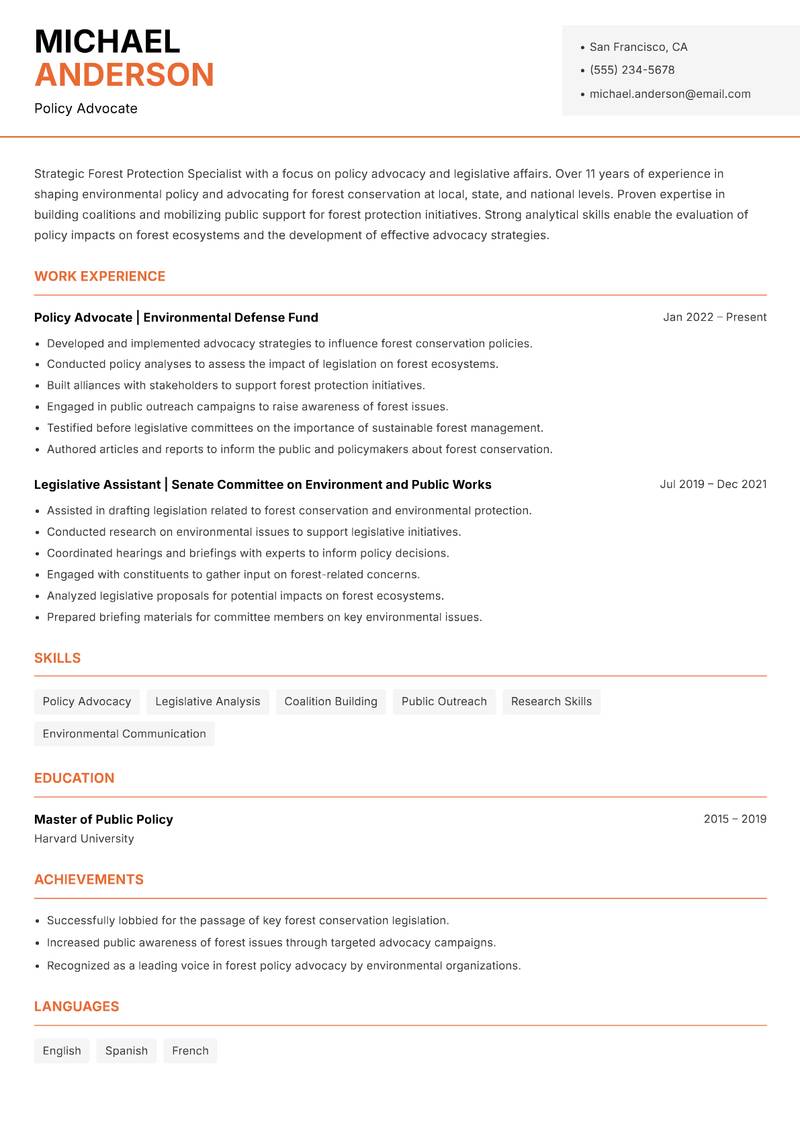 Forest Protection Specialist resume sample — Policy Advocate focus