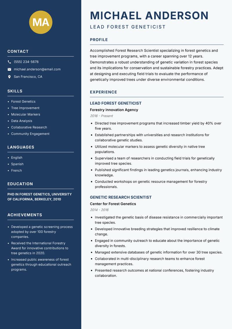 Forest Research Scientist resume sample — Lead Forest Geneticist focus