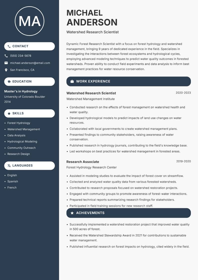 Forest Research Scientist resume sample — Watershed Research Scientist focus