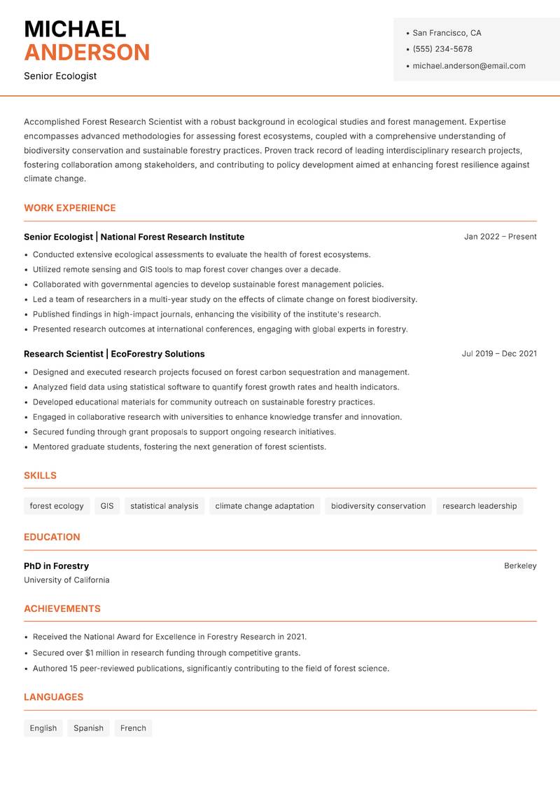Forest Research Scientist resume sample — Senior Ecologist focus