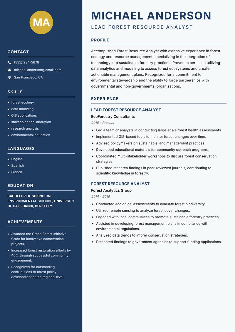 Forest Resource Analyst resume sample — Lead Forest Resource Analyst focus