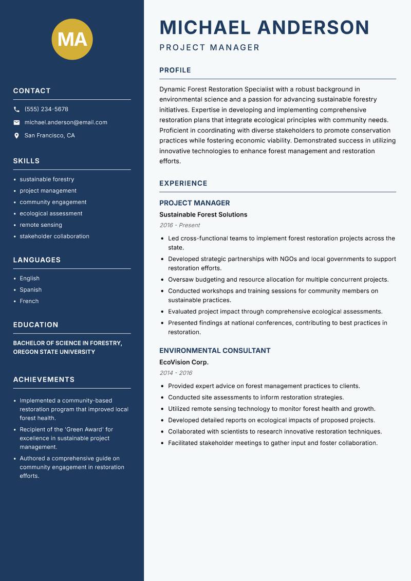 Forest Restoration Specialist resume sample — Project Manager focus