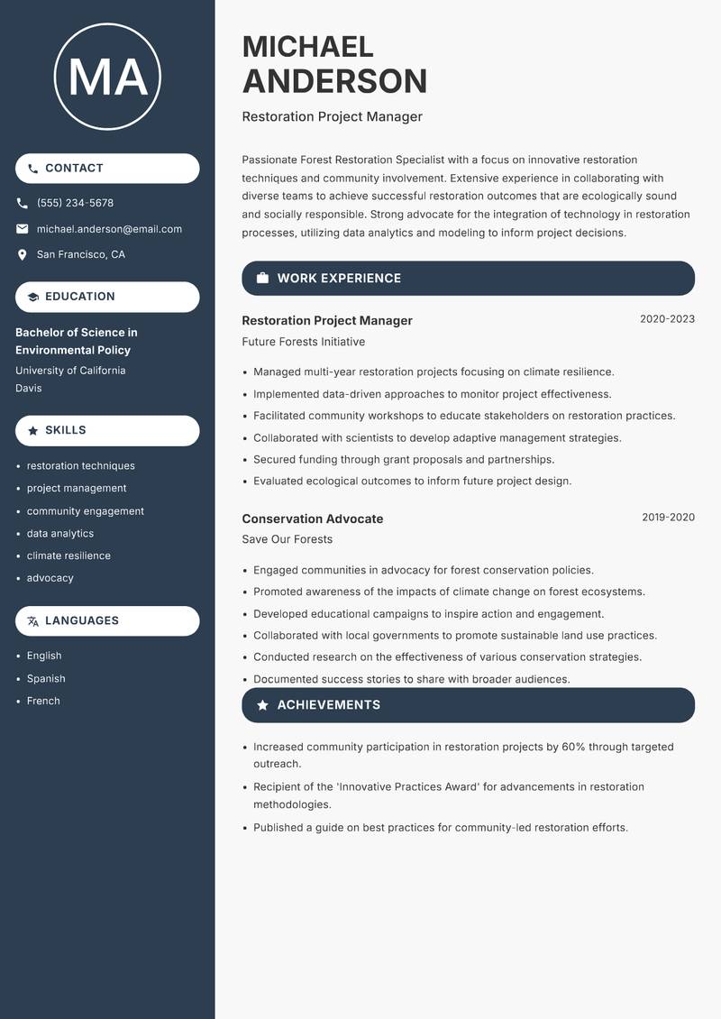 Forest Restoration Specialist resume sample — Restoration Project Manager focus