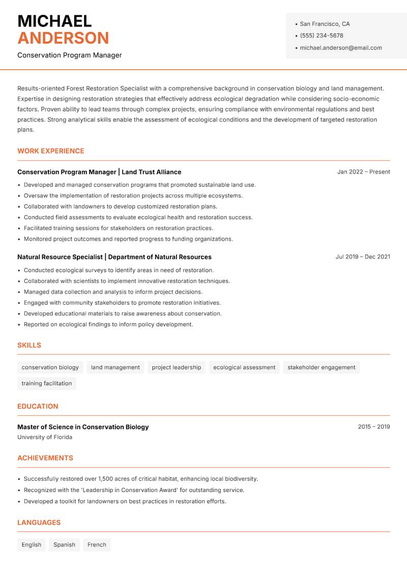 Forest Restoration Specialist resume sample — Conservation Program Manager focus