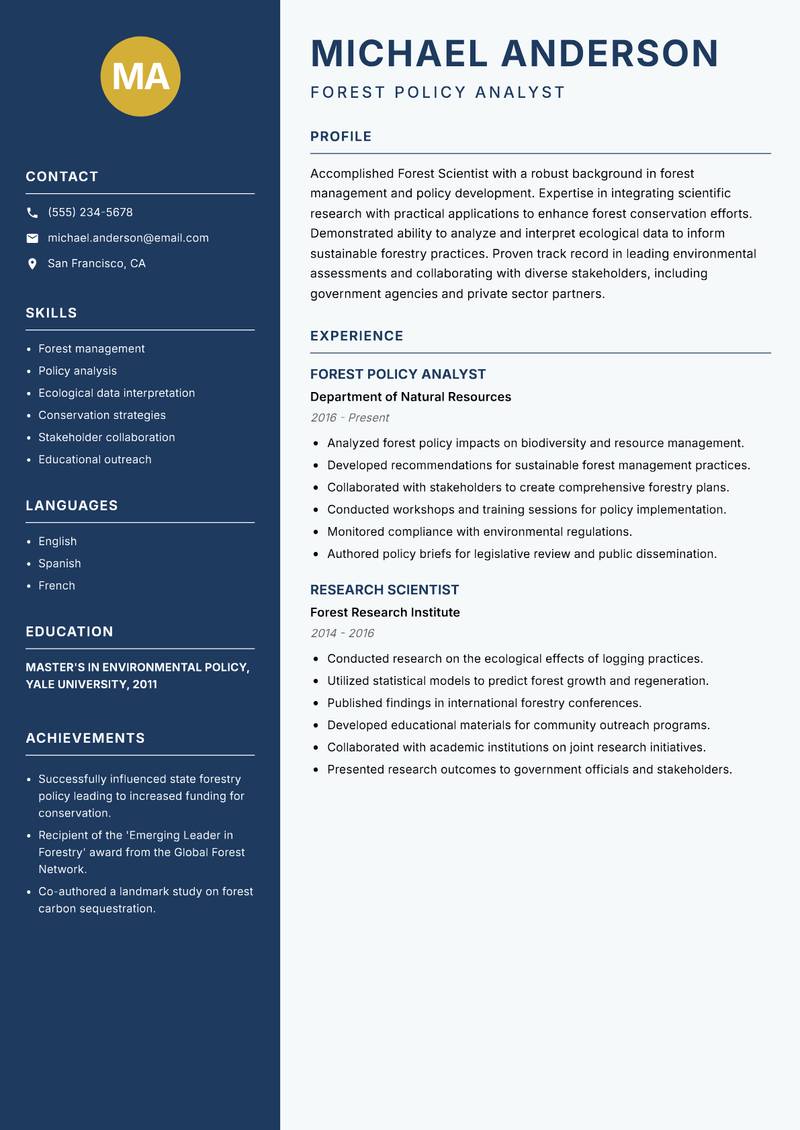Forest Scientist resume sample — Forest Policy Analyst focus