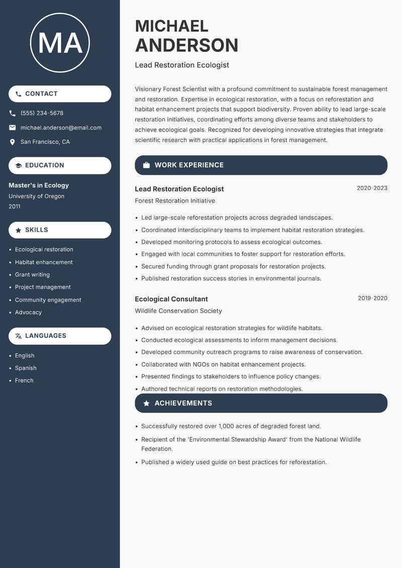 Forest Scientist resume sample — Lead Restoration Ecologist focus