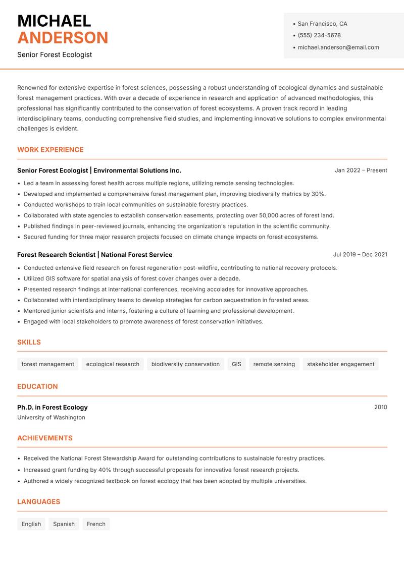 Forest Scientist resume sample — Senior Forest Ecologist focus