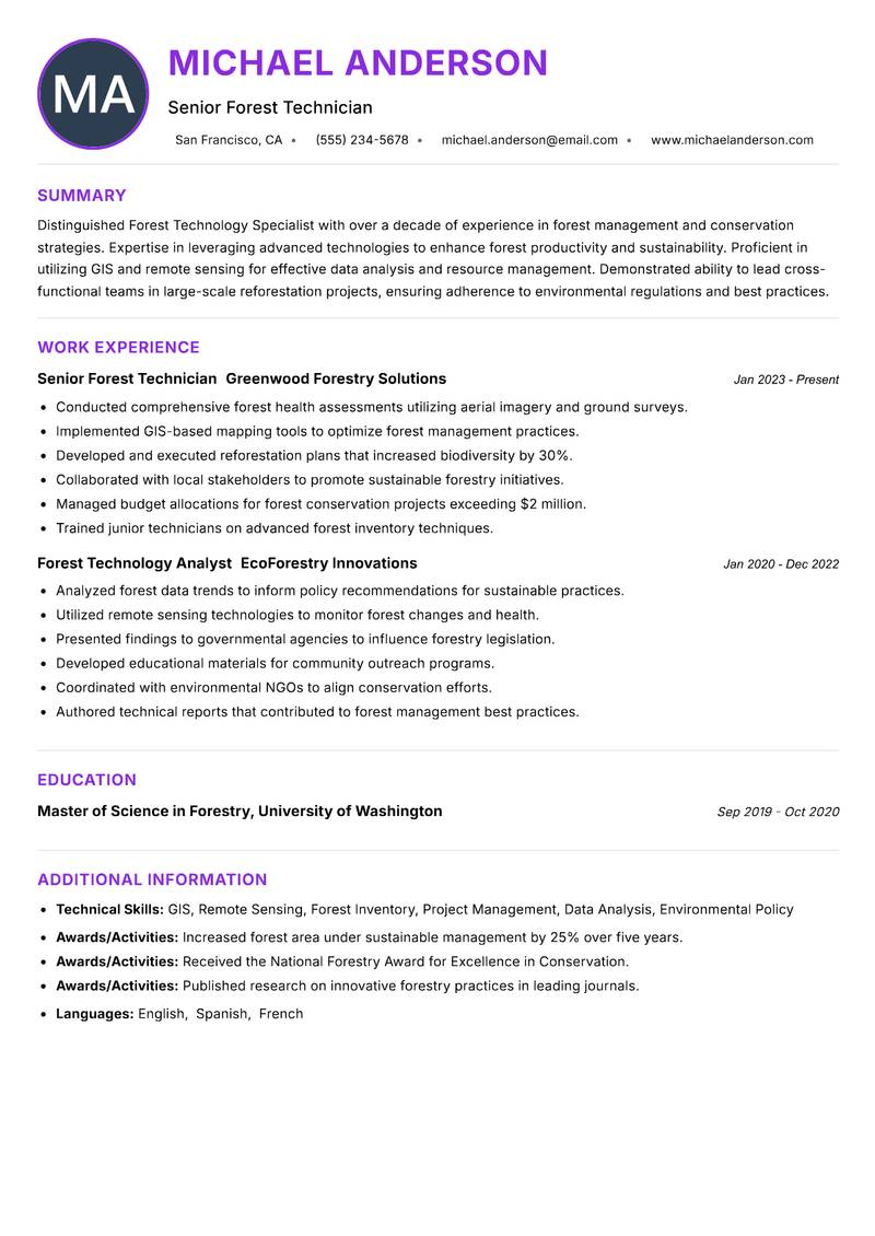 Forest Technology Specialist resume example
