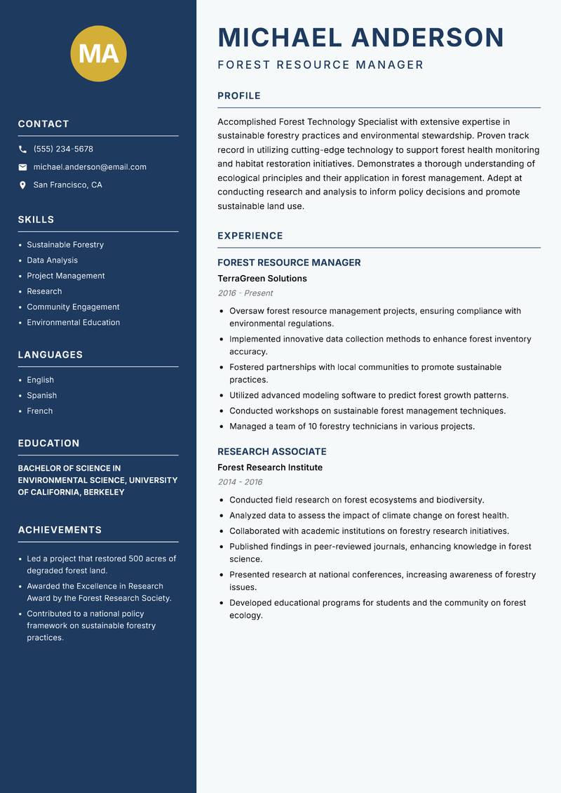 Forest Technology Specialist resume sample — Forest Resource Manager focus