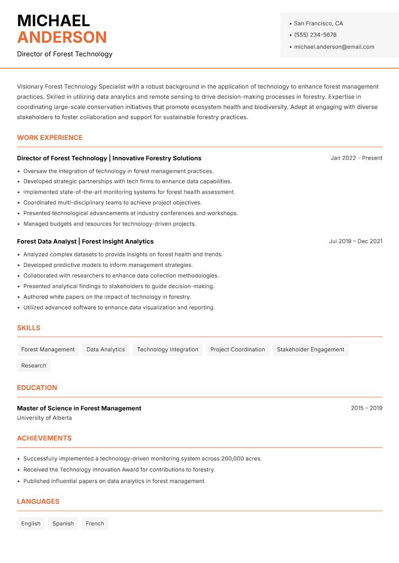 Forest Technology Specialist resume sample — Director of Forest Technology focus