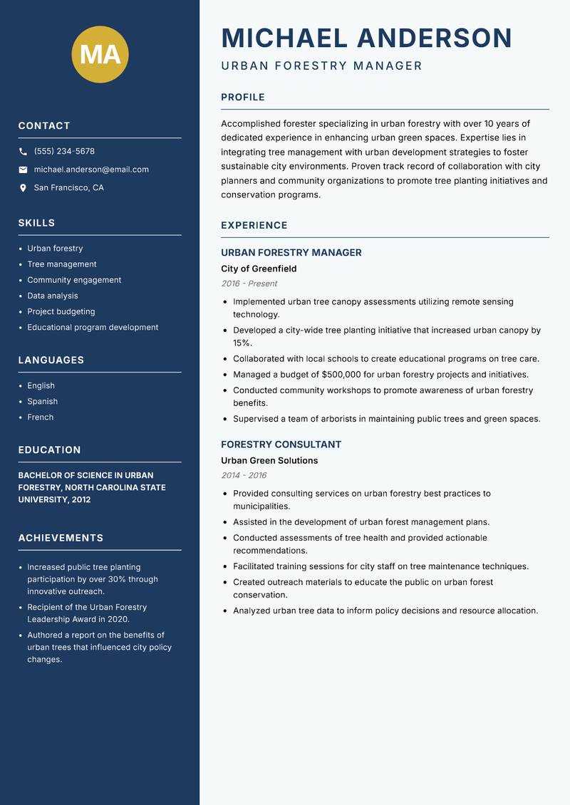 Forester resume sample — Urban Forestry Manager focus