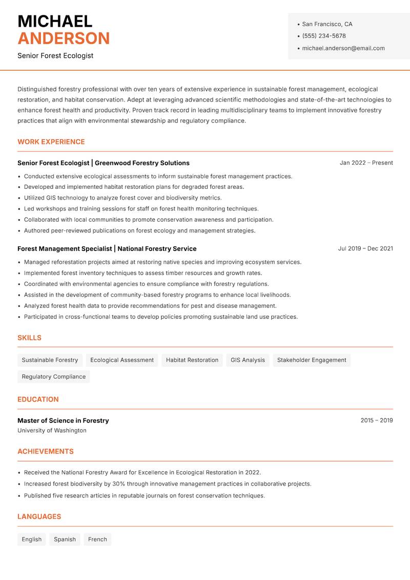 Forester resume sample — Senior Forest Ecologist focus