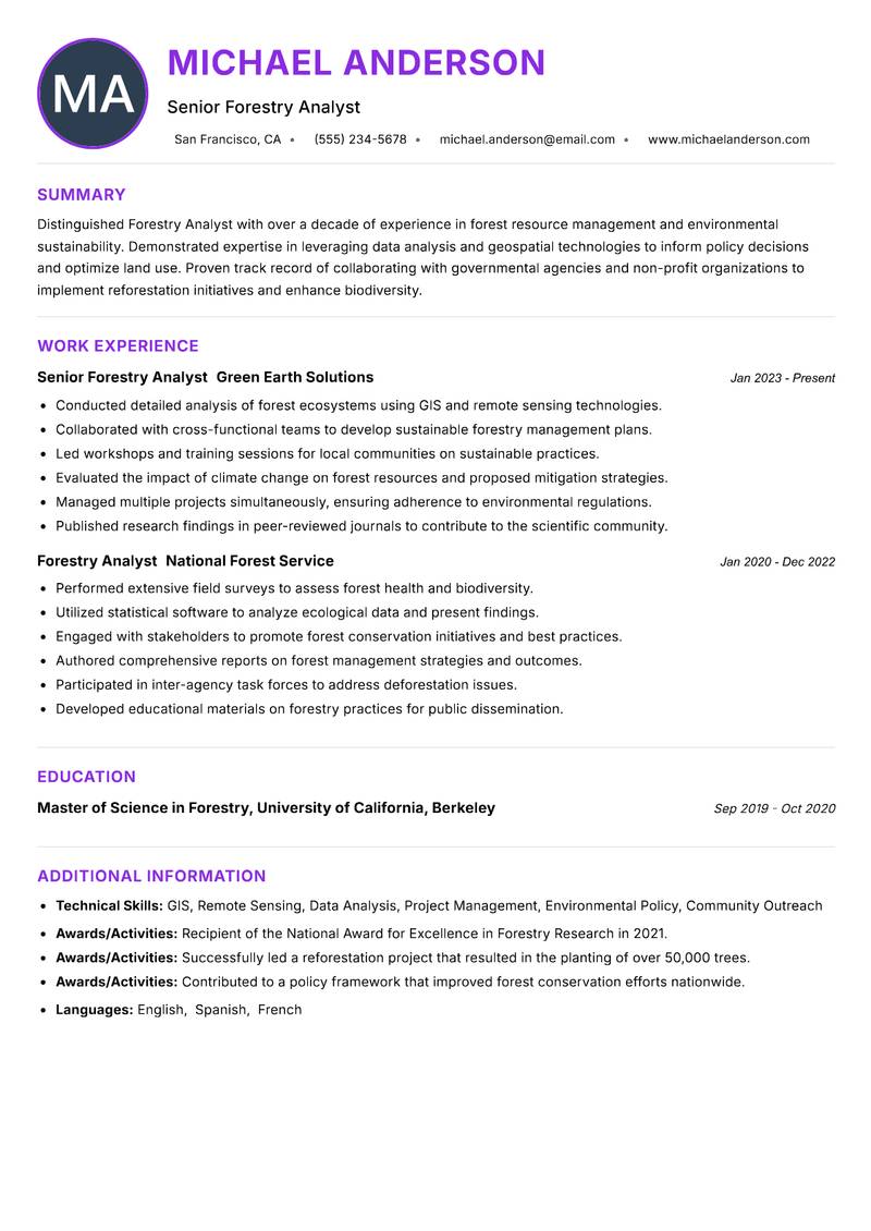 Forestry Analyst resume example