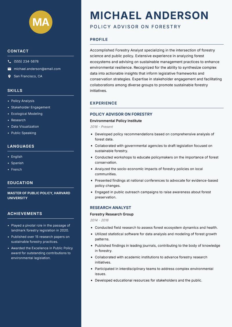 Forestry Analyst resume sample — Policy Advisor on Forestry focus