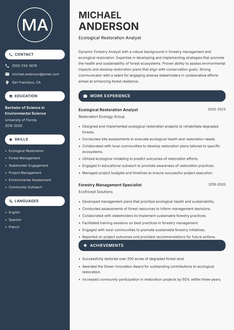 Forestry Analyst resume sample — Ecological Restoration Analyst focus
