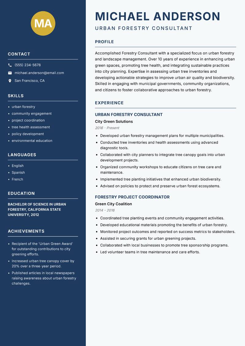Forestry Consultant resume sample — Urban Forestry Consultant focus