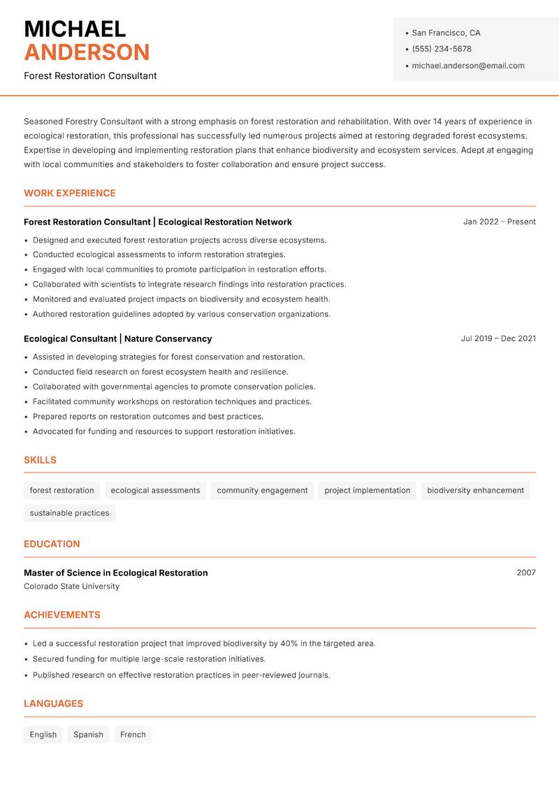 Forestry Consultant resume sample — Forest Restoration Consultant focus