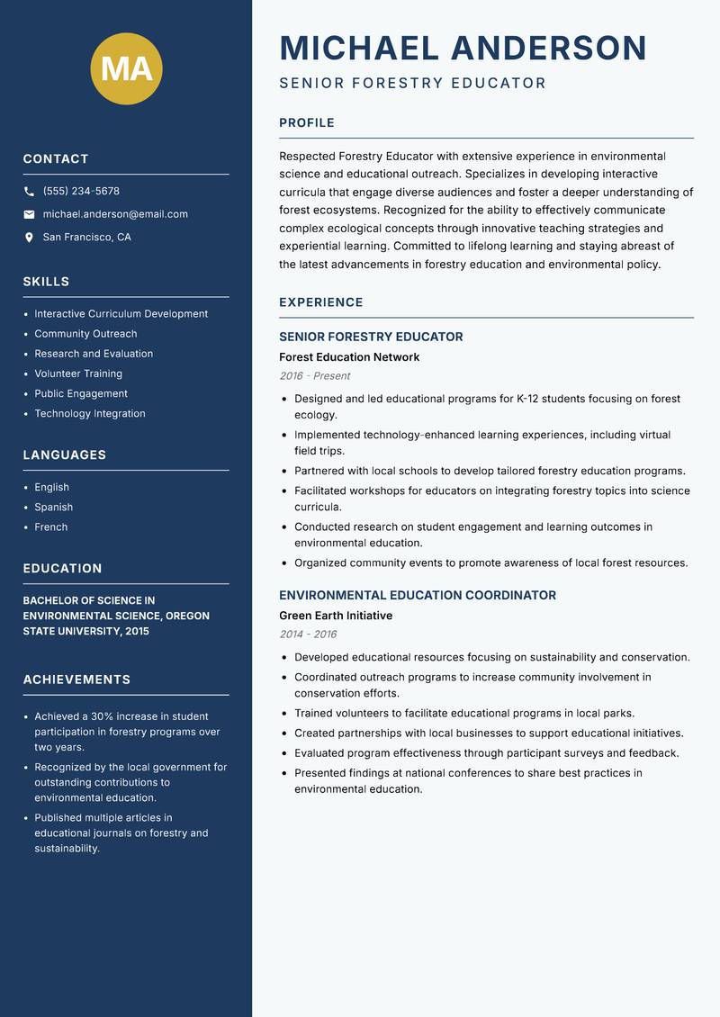 Forestry Educator resume sample — Senior Forestry Educator focus