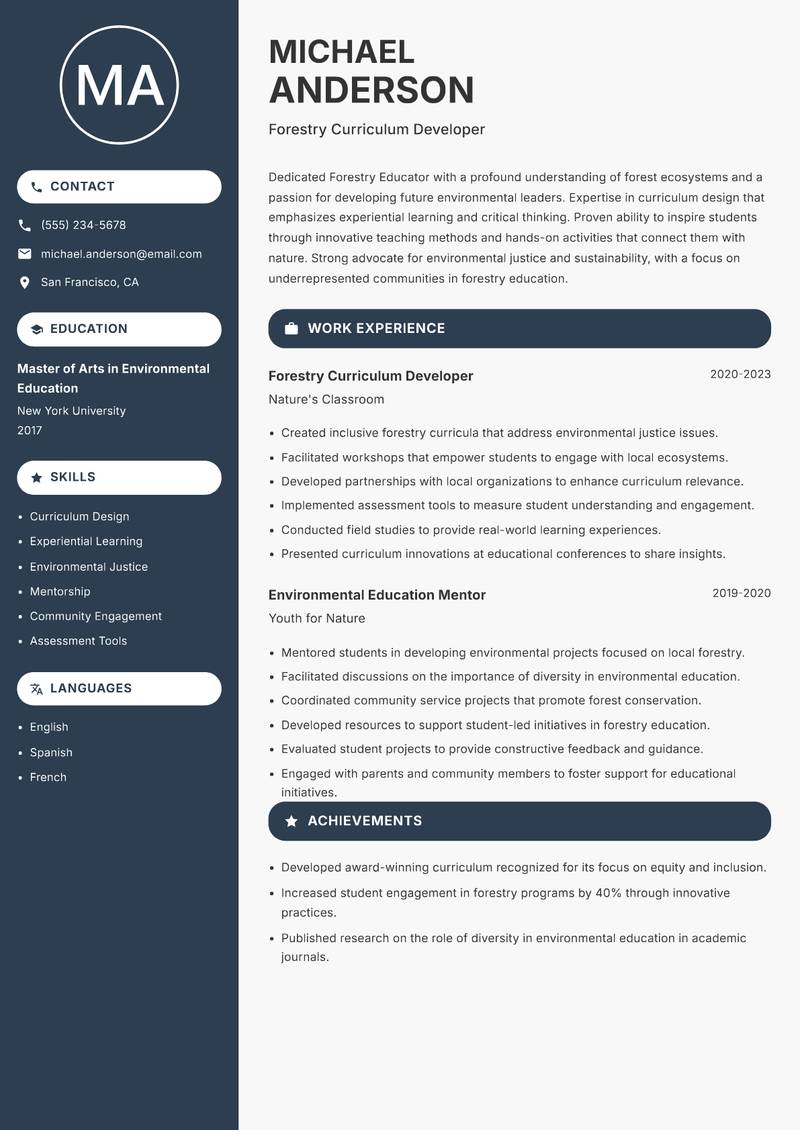 Forestry Educator resume sample — Forestry Curriculum Developer focus