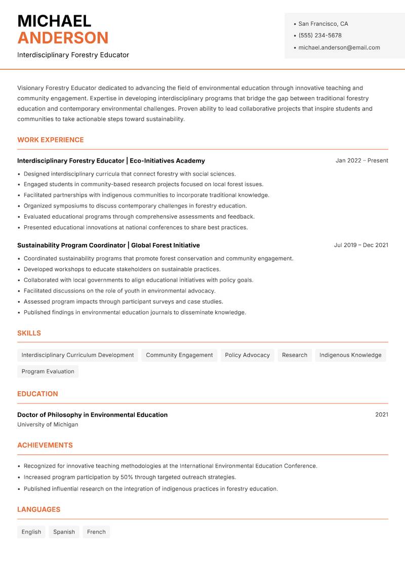 Forestry Educator resume sample — Interdisciplinary Forestry Educator focus