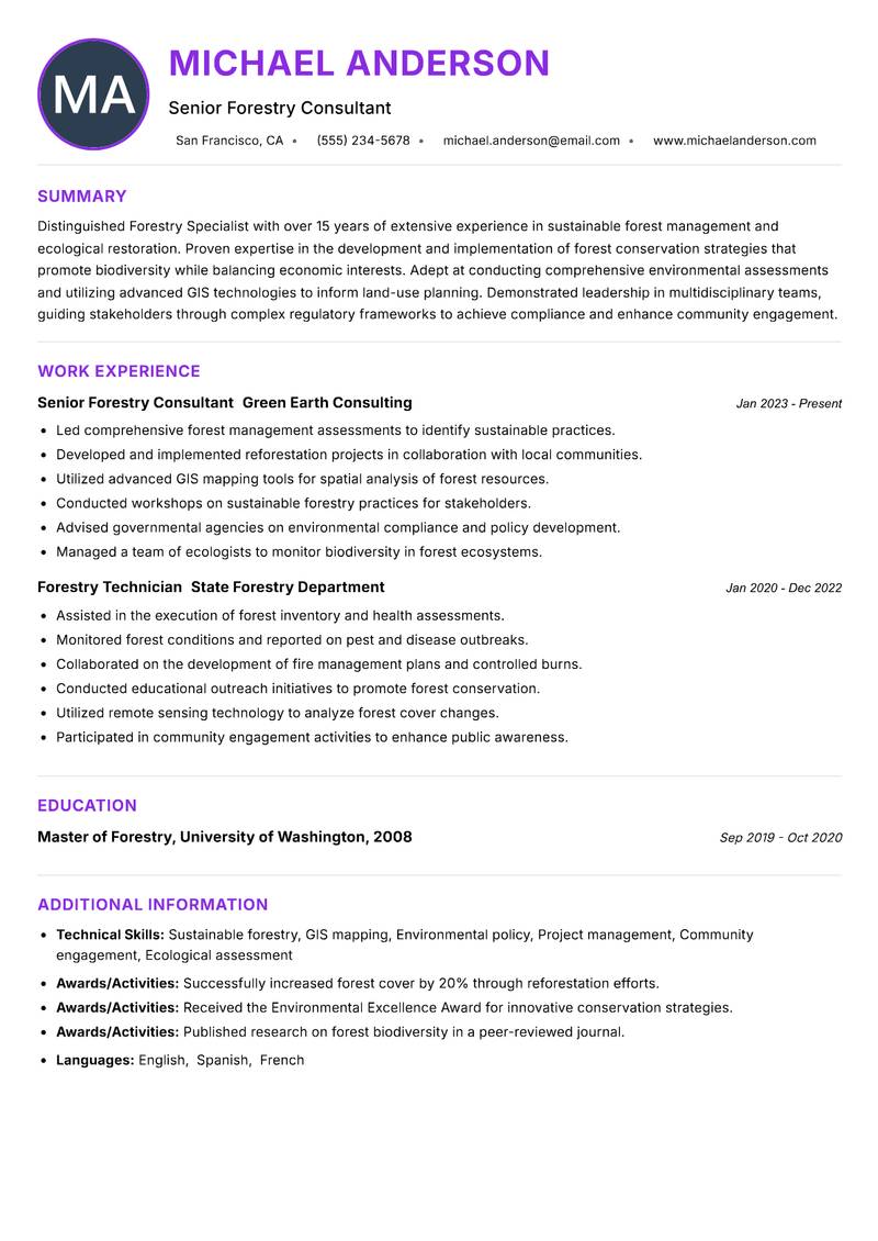 Forestry Specialist resume example