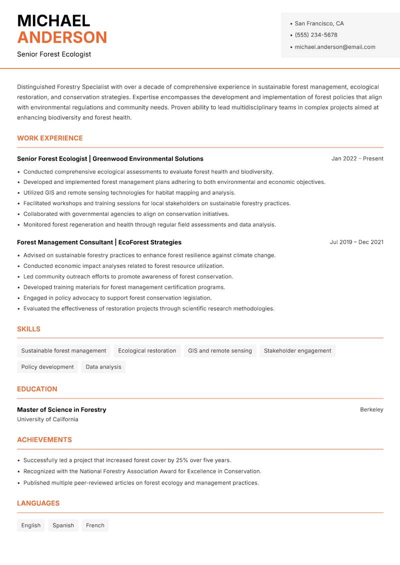 Forestry Specialist resume sample — Senior Forest Ecologist focus