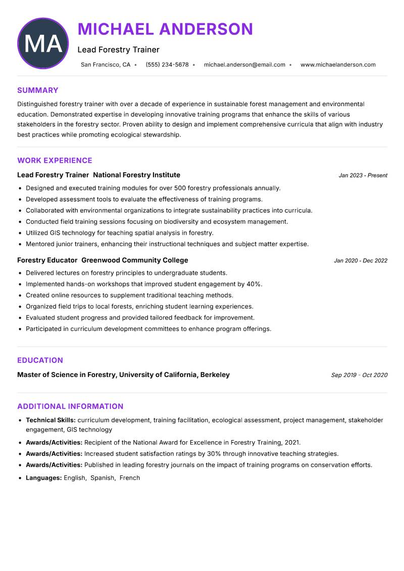 Forestry Trainer resume example