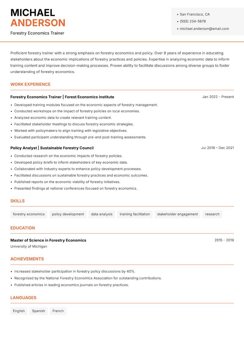 Forestry Trainer resume sample — Forestry Economics Trainer focus