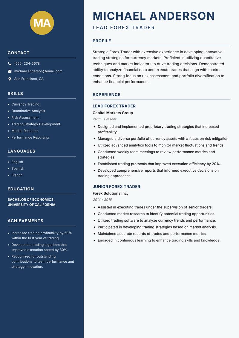Forex Trader resume sample — Lead Forex Trader focus